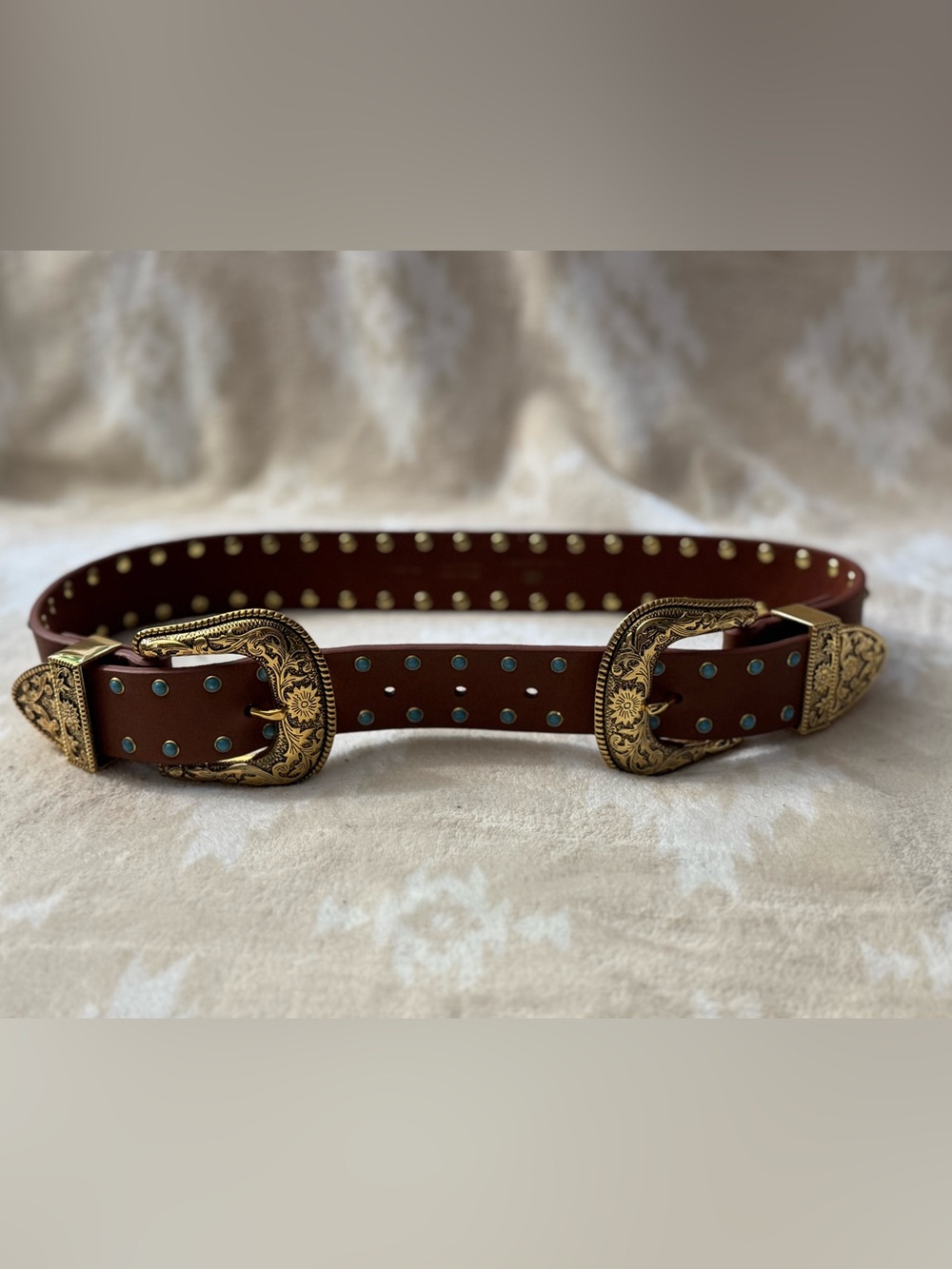 B-Low Western Double-Buckle Leather Waist Belt in Brown with Turquoise Studs